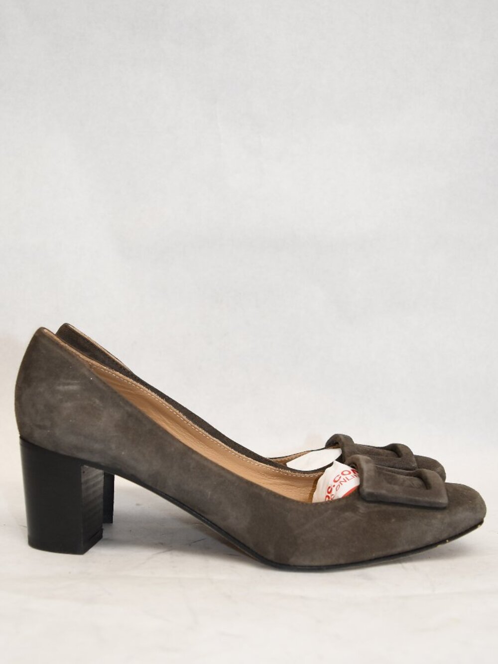 $400 ANN MASHBURN BUCKLE STACKED HEEL PUMP BROWN SUEDE SQUARE TOE 38.5 (TE8)